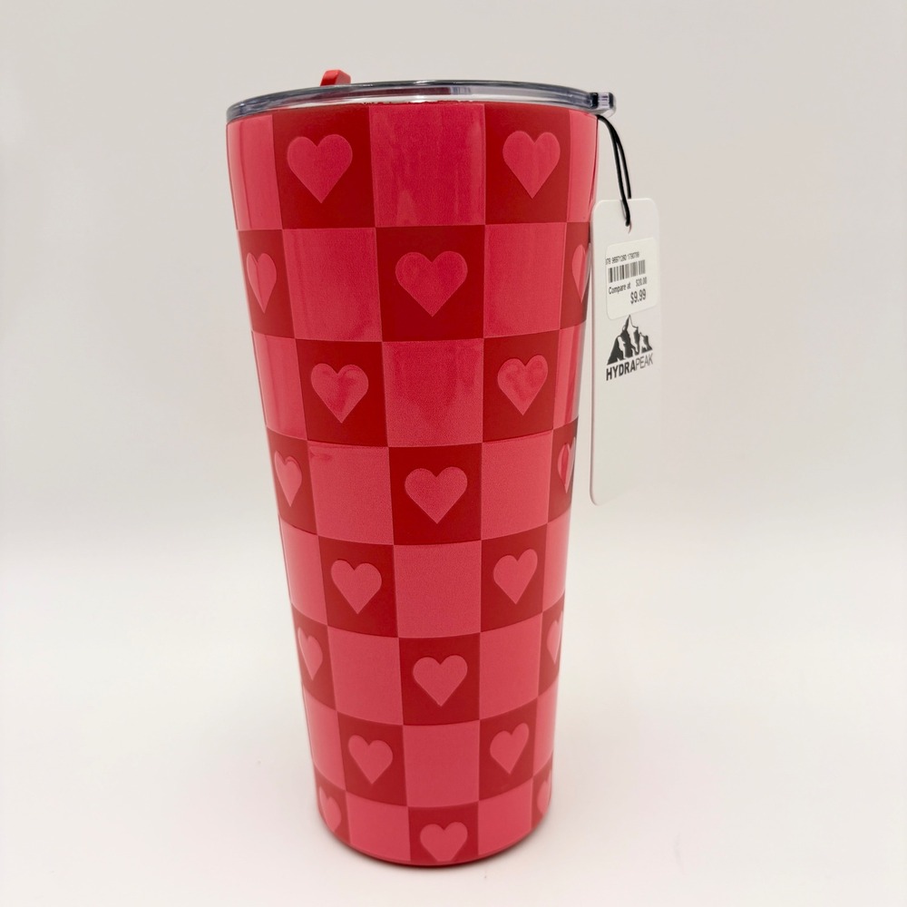 Hydrapeak 22oz Insulated Tumbler Red Pink Checkered Heart Pattern NEW